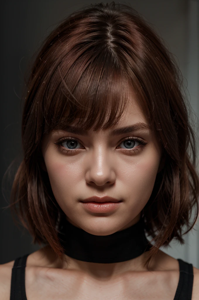 1girl, star eye, blush, perfect illumination, red hair, red eyes, unreal engine, sidelighting, detailed face, bangs, bright skin, simple background, dark background, 