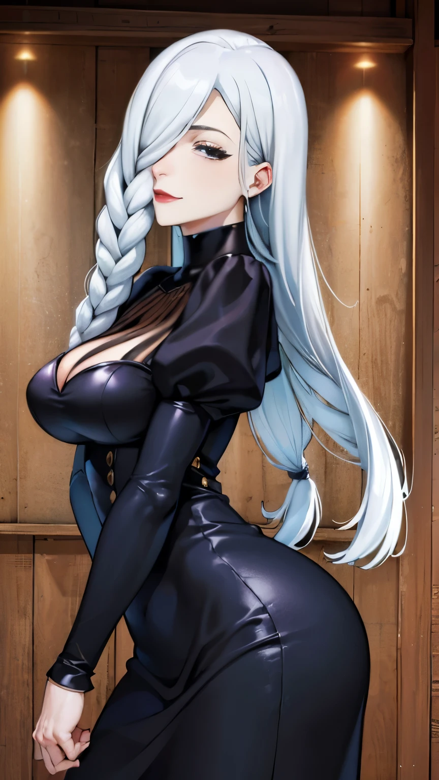 (Masterpiece:1.2, high quality), (pixiv:1.4), (1girl:1.2), (solo:1.2), (smile:0.8), meimeidef, white hair, hair over one eye, brown eyes, (detailwd eyes), dark eyeshadow, eyelashes, (detailed face), pale red lips, make-up, glossy lips, black dress, puffy sleeves, long sleeves, (perfectly round breasts:1.2), cleavage, slim waist, body curves, bent forward, wide hips, ultra-detailed, 4k, 8k, HD, 1080, (absurdres:1.2), vivid colors, aesthetic indoors  intrinsic details, dim lighting,  high contrast, professional photography, wooden temple background, wooden wall, view from below, looking away, looking away from viewer, ((detailed face)), (symmetrical eyes)