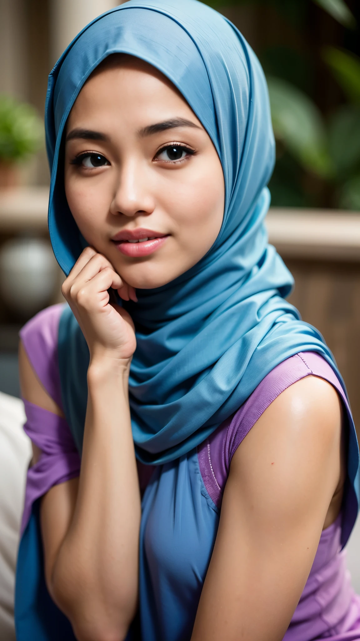 1 malay girl , modern plain hijab, shy, medium portrait shot , watery eyes ,lip watery, lip glossy, open mounth, big breast, 1 Malay girl, modern plain hijab, shy, medium portrait, watery eyes, RAW, Best quality, high resolution, masterpiece: 1.3), beautiful Malay woman in hijap:0.8),perfect nose,perfect lips, perfect eyes, detail :1.2), beautifull face, soft smile,Beautiful woman wearing a hijap, a woman in a blue dress and a blue scarf, hijab, moles under the eyes, Beutifull girl, lovely smile, lovely woman, with lovely look, with a beautifull smile, cute beautiful,((close up))