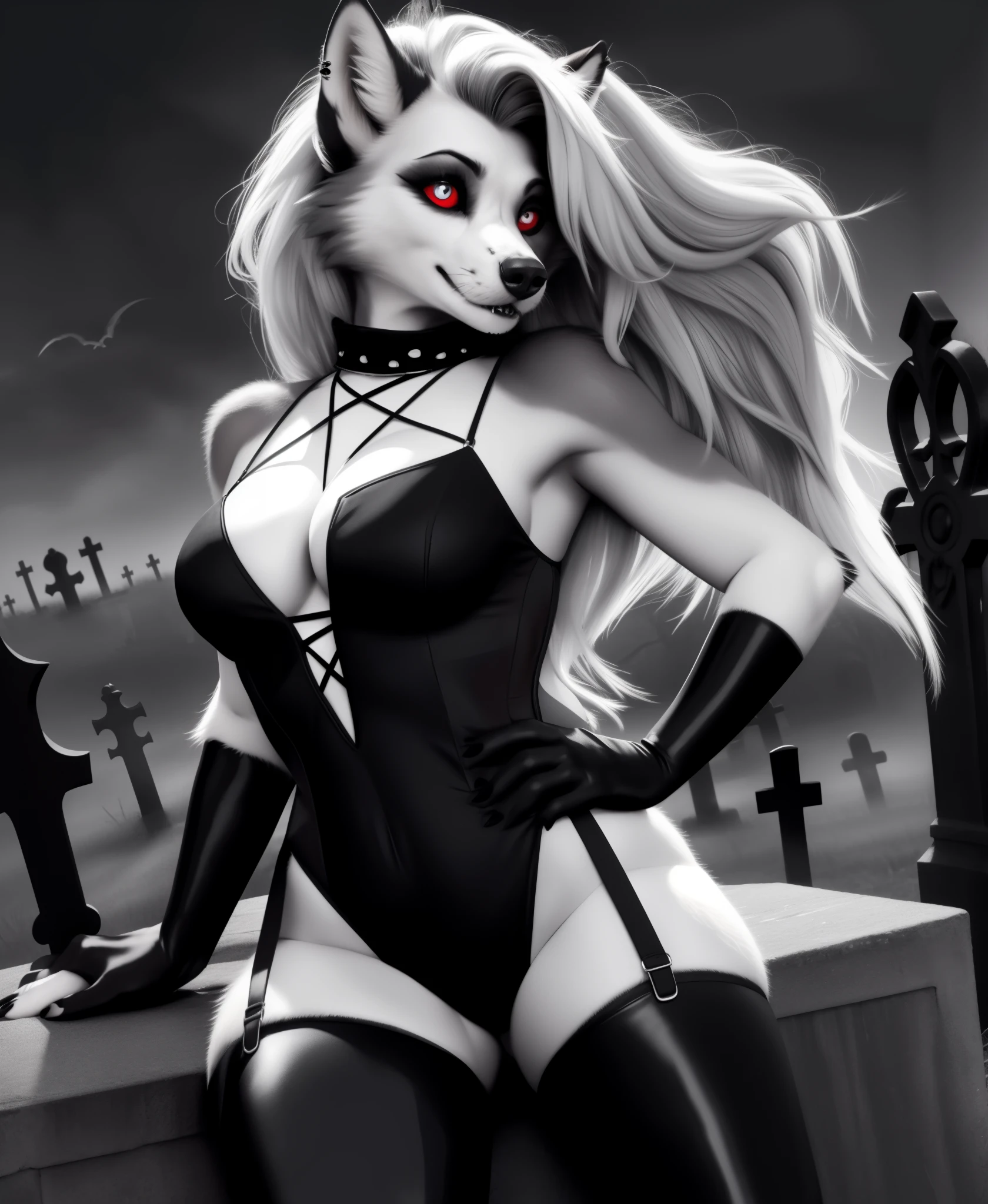 RAW Photo, realistic, 1girl, loona, wolf girl, furry girl, evil smile, leotard, cleavage, (((goth clothes))), small breasts, cowboy view, graveyard, night, goth makeup, ((glowing red eyes)) glossy lips, black lips,bottomheavy, thick thighs