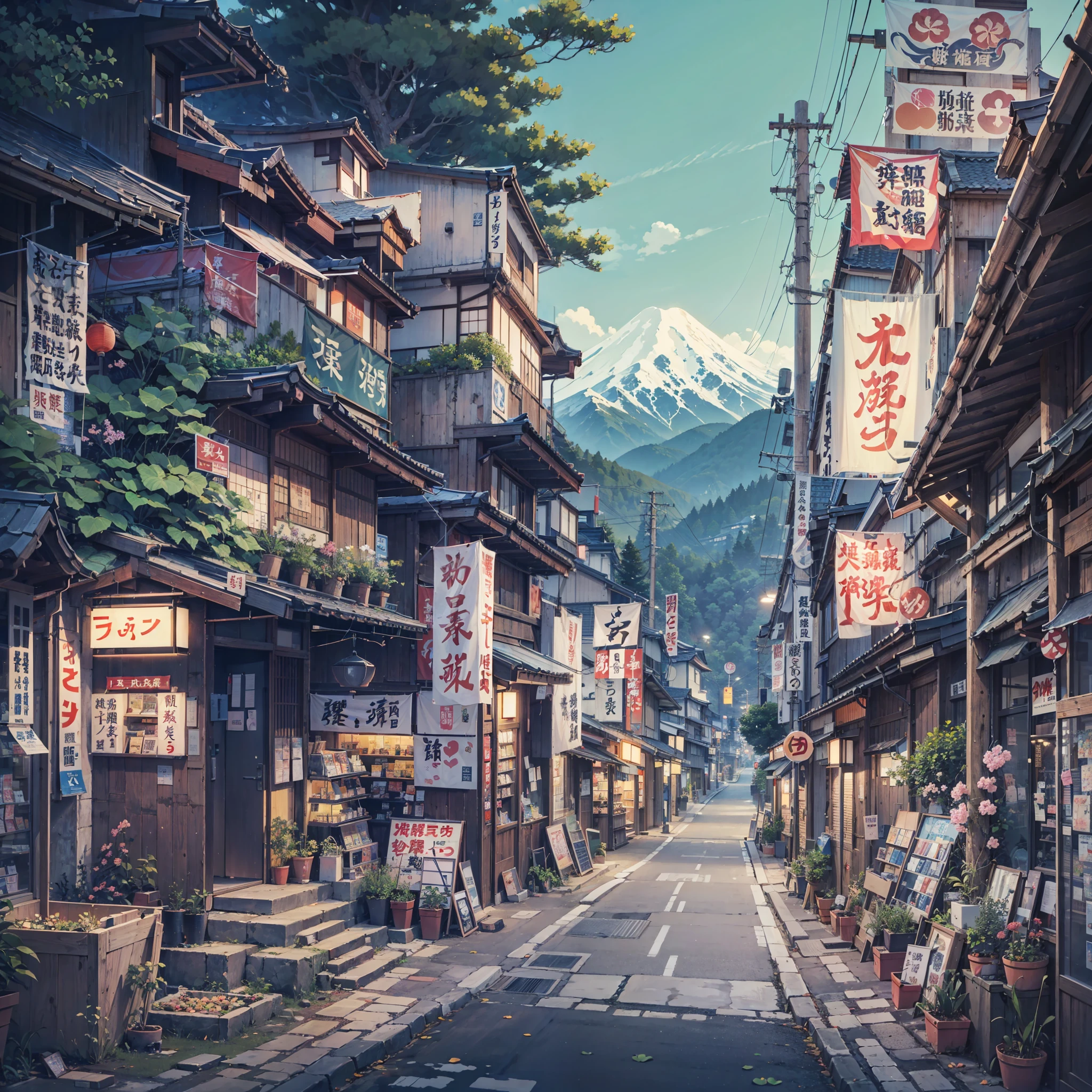 anime background, anime wallpaper, anime, anime style, lofi, lofi style, rural japanese street on the edge of a mountain, mountains, uphill, modern japanese architecture, japanese convenience store, big retro japanese shop signs, retro japanese store, trees, plants, rocks, plant pots, shop signs, japanese banners, japanese signs, flags, empty street, no one in sight, (no one: 1), best quality, wide view, street going uphill, buildings tight together, night time, night
