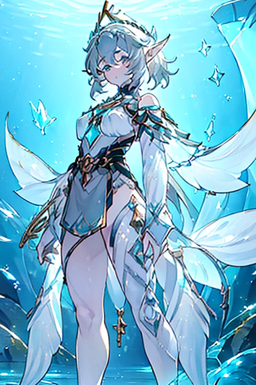 (Masterpiece)), (((better quality)), ((1 girl)), ((keys) ((elf ears))) White hair with turquoise tones + short and curly hair + long eyelashes + turquoise eyes + soft and female features + average height + female body + thick thighs + medium chest + medium hips + defined body ((without shoes only tape ((Clothing and accessories colors: white, gold, silver, aquamarine and gray))
