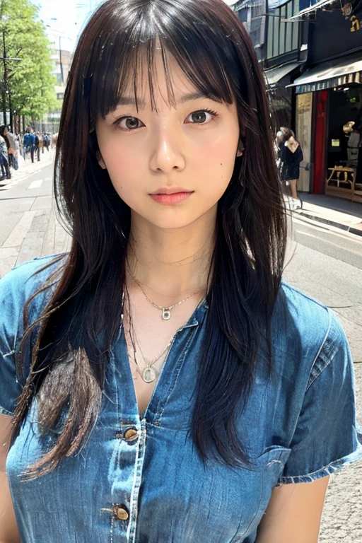 ((High-resolution image of a Japanese woman in a Casual Stroll Pose, in an urban street or natural setting. Dressed in stylish casual wear. Capturing her with expressive eyes, a delicate nose, and a small mouth.)) ((Not allowing any features that don't match a relaxed, casual style.))