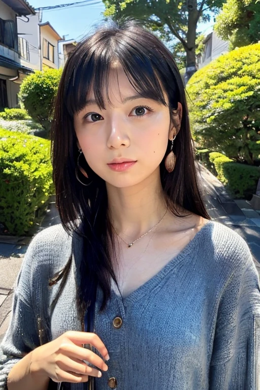 ((High-resolution image of a Japanese woman in a Casual Stroll Pose, in an urban street or natural setting. Dressed in stylish casual wear. Capturing her with expressive eyes, a delicate nose, and a small mouth.)) ((Not allowing any features that don't match a relaxed, casual style.))