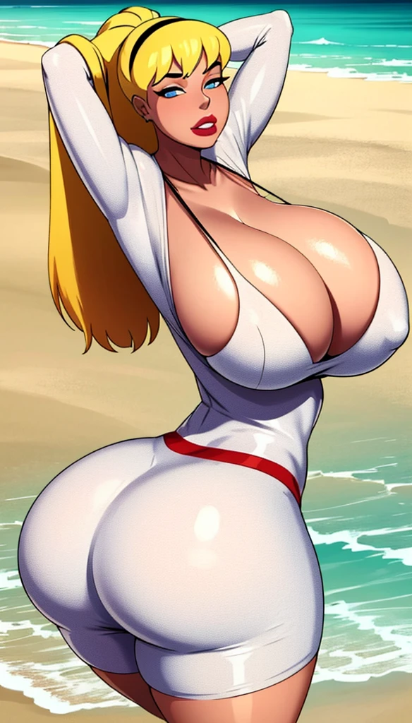 Super girl, 1 girl, ((barnet))), long blonde hair, swollen lips, painted lips, thick lips, wide hips, thick thighs, huge ass, lust desire face, huge natural huge breasts, cleavage, mature mother, arms up, on the beach