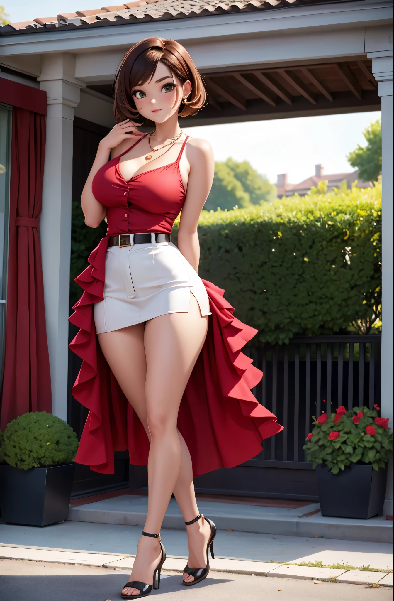 Italian young girl, short chocolate hair, red cutout casual flower dress with a belt and a necklace, pretty shoes. Big , NSFW, big ass, must be a beautiful woman, sexy