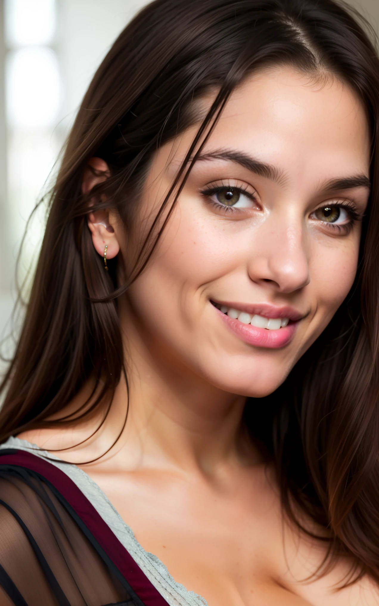 cute beautiful brunette, hispanique,wearings an entire pijama ,full body, perfect angle, very detailed, 32 years old, flirty face, messy long hair, brown eyes, high-res, masterpiece, best quality,intricate details, highly detailed,sharp focus, detailed skin,realistic skin texture,texture, detailed eyes, professional, 4k, smile, shot on Canon, 85mm,shallow depth of field,kodak vision color,  eyeshadow, extremely detailed, photo_\(ultra\), photorealistic, realistic, post-processing, max detail, roughness, real life, ultra realistic, photorealism, photography, 8k uhd, photography, braless, pokies