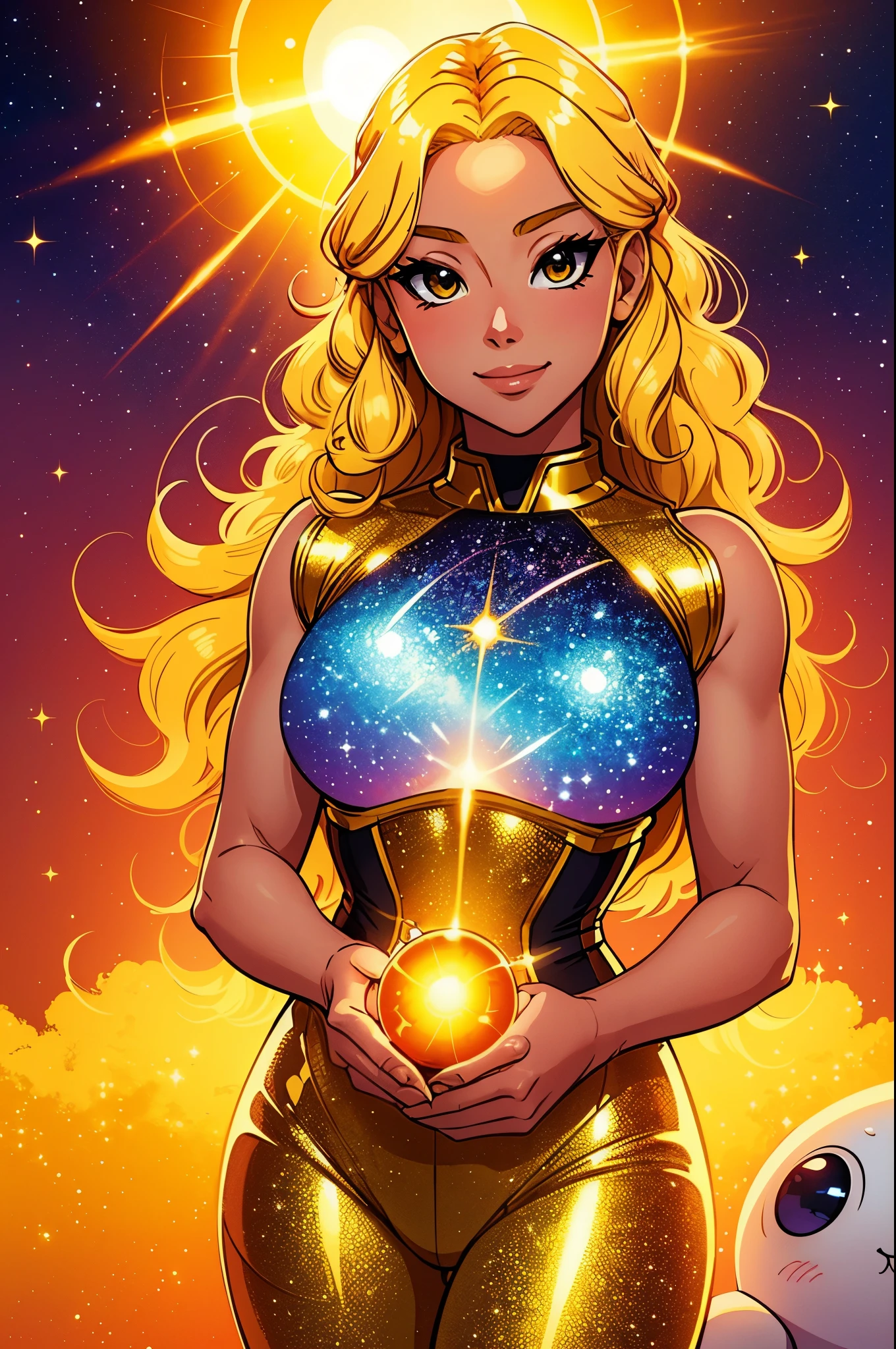 Solar girl: a radiant young female character with sun-kissed skin and blonde curls, wearing a shimmering yellow and gold spacesuit, holding a small sun in each hand, beaming a warm smile, surrounded by a halo of solar flares, in a vibrant, colorful, and intricate illustration, reminiscent of the colorful, dreamlike worlds of Hayao Miyazaki's Studio Ghibli, with crisp lines and bold, saturated colors, using Adobe Illustrator to achieve a dynamic and eye-catching design, emphasizing the girl's bright and spirited personality, with a backdrop of swirling galaxies and a sun-d
