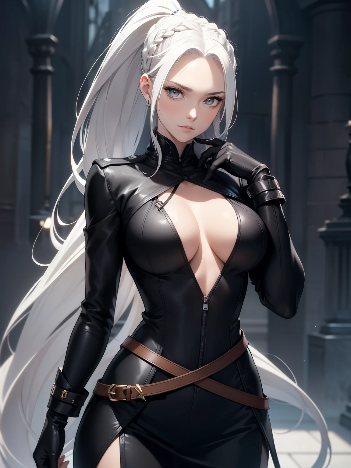 Cassandra, a tall and lithe young woman with an athletic build and flawless pale skin, possesses striking gray eyes and an abundance of white hair, meticulously braided into a high ponytail adorned with numerous small braids. Two lengthy locks cascade down her face, framing an asymmetrical fringe that drapes over her left eye.

Dressed in a form-fitting dark gray shirt, Cassandra's toned physique is accentuated by the fabric. black leather gloves encase her hands, while a dark belt cinches her waist, serving as a secure foundation for her essential belongings: a purse and dagger. Her lower body is clad