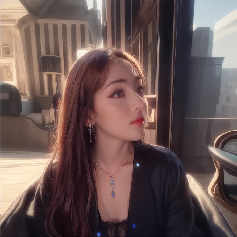 arafed femme assise sur une chaise avec un collier et des boucles d'oreilles, dans le style de l'illustration numérique, dans le style artistique de Bowater, art numérique d'une élégante, style artistique réaliste, peinture numérique de dessin animé, illustration numérique d'anime, lofi portrait, dans le style de la peinture numérique, art de peinture de dessin animé numérique, peinture numérique brillante, portrait d'illustration numérique, portrait de lofi à une fenêtre