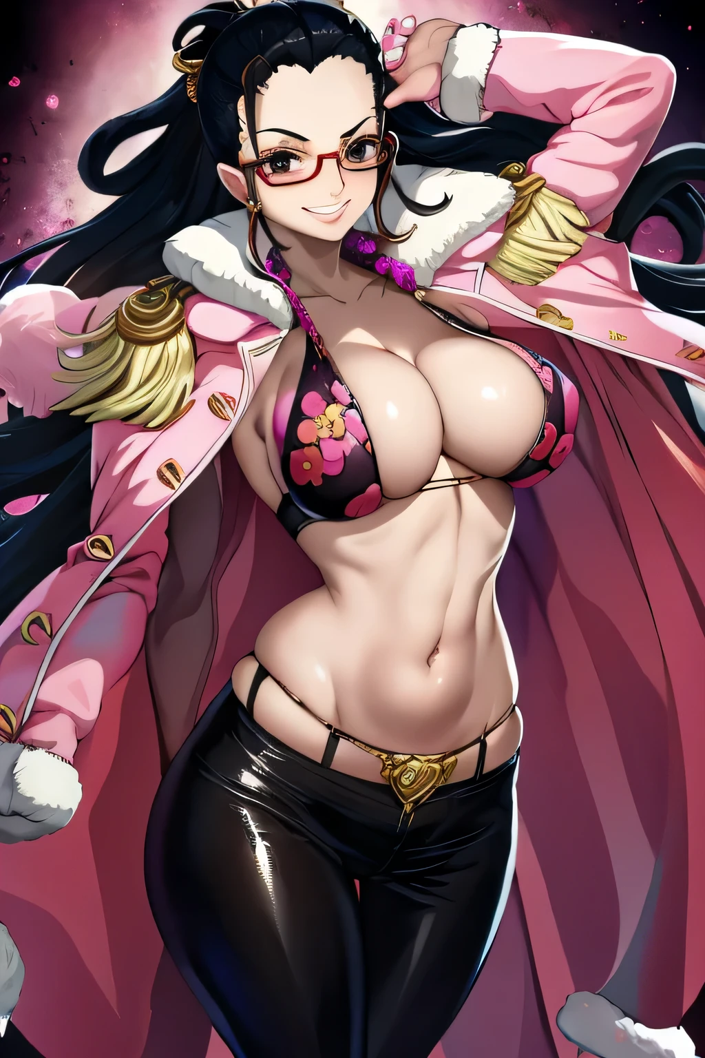 masterpiece, best quality, tashigi, black eyes, hair slicked back, glasses, belly dancer outfit, slave mark, cowboy shot, looking at viewer, medium breasts, seducing smile, pink coat