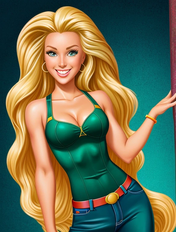 Realistic portrayal:1.2, photorealistic, 8k, Sam from Totally Spies! long, very wavy creamy blonde hair (big hair, big volume), emerald green eyes and fair skin; smiling,wearing rainbow denim outfits, wide-angle shot, high-angle shot