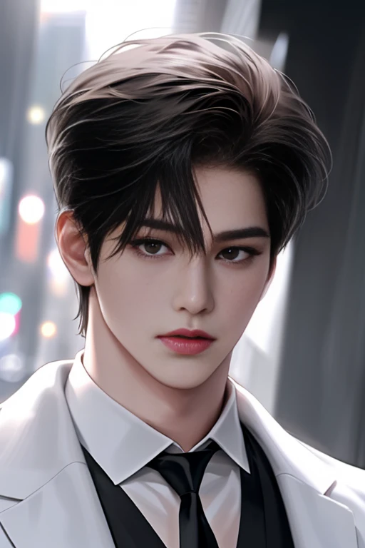 Man, Handsome, Korean bad boy, Ultra-detailed,超详细信息,Cinematic light, Solo,Stand,White Studio,Black and white filter,closeup cleavage,Front,Look at the audience from the front,Manhwa Style,Suit shirt tie,brunette color hair,disheveled bangs,Emoji hairstyle,model,Pose,From the side Side