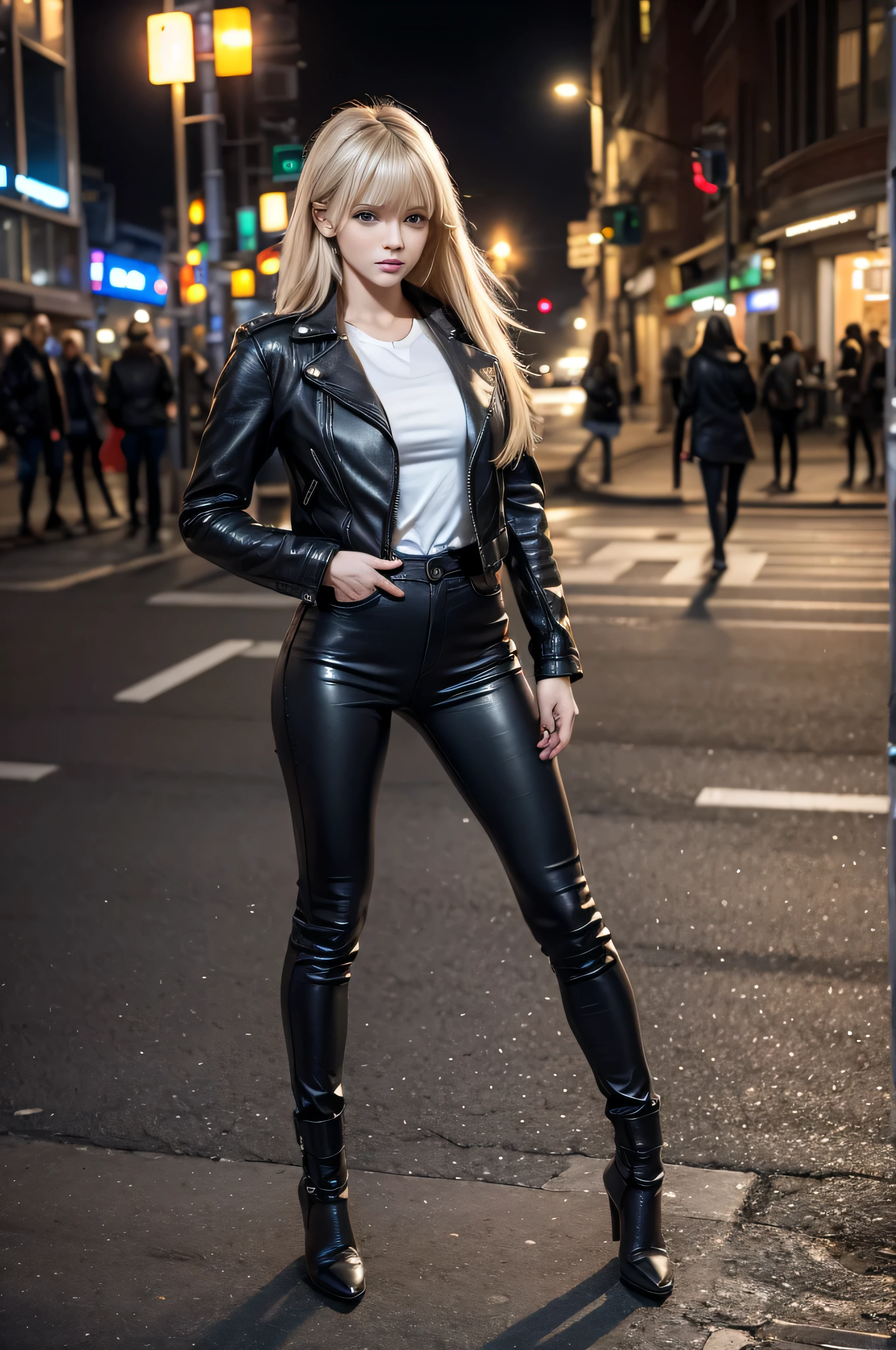 full body Realism, a 22 - year - old girl, long blonde hair, bangs falling on her face,blue eyes, beautiful hairstyle, light makeup, dressed in a leather jacket, tight leather pants, beautiful shoes on her feet, evening city street in the background, high detail appearance, high detail hairstyle, high detail environment, high detail background, in the background is a modern city, the photo was taken with a photorealistic SLR camera, resolution full hd, 8K