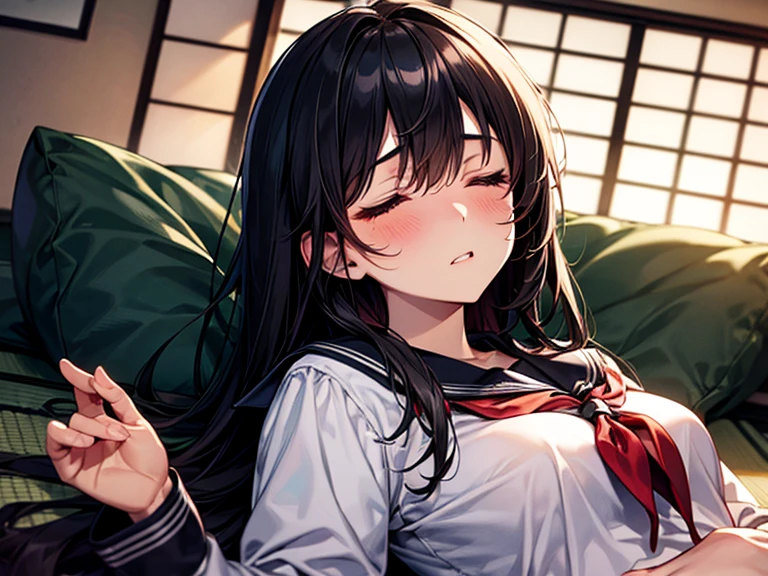 1girl, solo, pretty girl, 18 years old, black hair, long hair, faint lips, blush, (embarrassed), large breasts, (serafuku),(black serafuku),long sleeve, (Japanese-style room), tatami, Shoji, lying, on back, pillow,((futon)) , comforter, put the the blanket on, closed eyes, parted lips, (looking up:1.0), sunset, dutch angle, upper body, best quality, detailed, high resolution