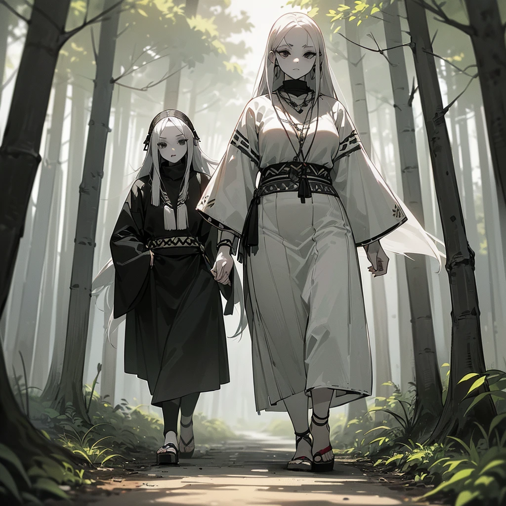 (((I want a woman with pale skin, completely black eyes, long gray hair, wearing tribal clothes while walking alone through a forest)))