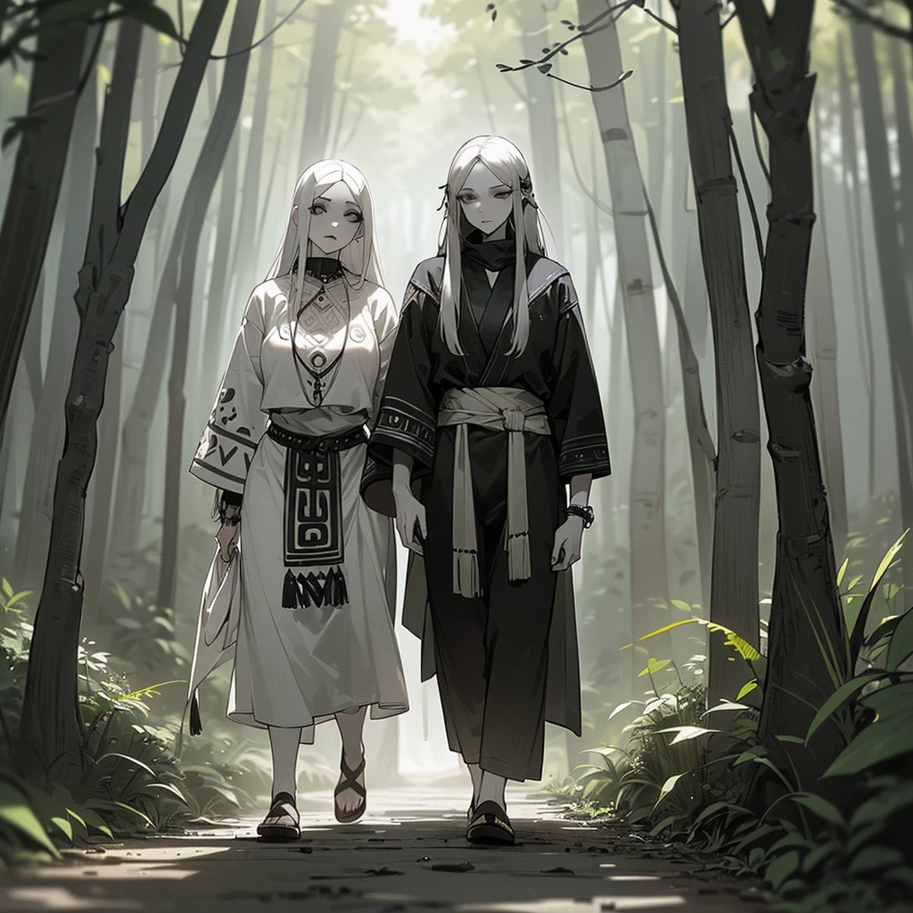 (((I want a woman with pale skin, completely black eyes, long gray hair, wearing tribal clothes while walking alone through a forest)))