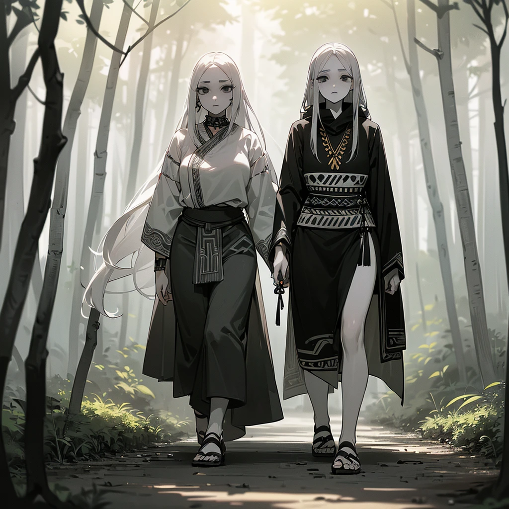 (((I want a woman with pale skin, completely black eyes, long gray hair, wearing tribal clothes while walking alone through a forest)))