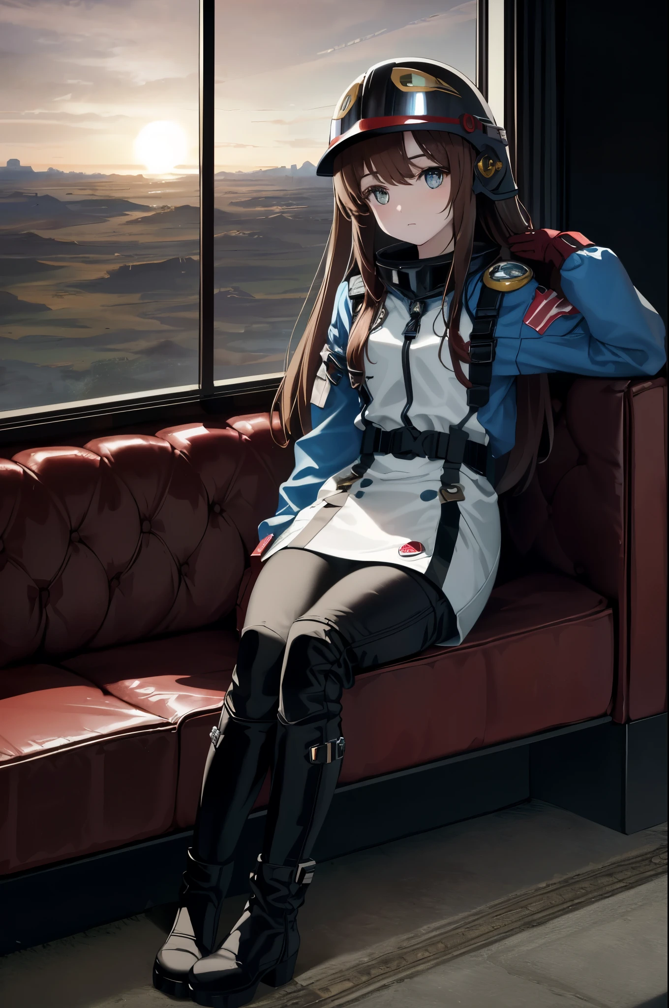 Rover girl, (ultra-high image quality, masterpiece: 1.5), sitting on a red velvet couch, fixating on the horizon, space helmet on head, rover gear equipped, long brown hair falling over shoulders, determined expression, Mars landscape visible through the window, sun setting, (boots: 1.3), (helmet: 1.4)

Rover girl, gazing at the horizon, image of utmost beauty, on a plush red couch, with her rover helmet adorned, space suit equipped, long cascading brown hair, determined eyes, Mars landscape framed in the window, sun dipping below the horizon, (sturdy boots