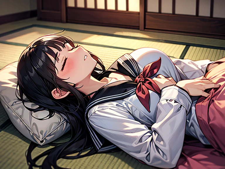 1girl, solo, pretty girl, 18 years old, black hair, long hair, faint lips, blush, (embarrassed), large breasts, (serafuku),(black serafuku),long sleeve, (Japanese-style room), tatami, Shoji, lying, on back, pillow,((futon)) , comforter, put the the blanket on, closed eyes, parted lips, (looking up:1.0), sunset, cinematic angle, upper body, best quality, detailed, high resolution