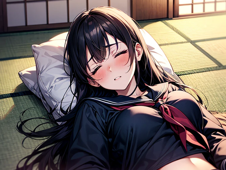 1girl, solo, pretty girl, 18 years old, black hair, long hair, faint lips, blush, (embarrassed), large breasts, (serafuku),(black serafuku),long sleeve, (Japanese-style room), tatami, Shoji, lying, on back, pillow,((futon)) , comforter, put the the blanket on, closed eyes, parted lips, (looking up:1.0), sunset, cinematic angle, upper body, best quality, detailed, high resolution
