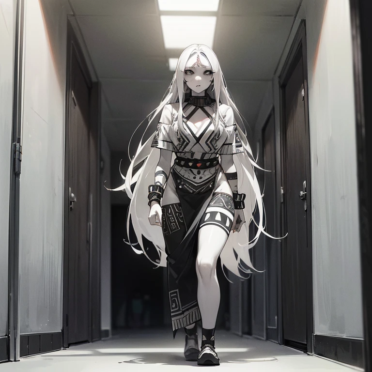 (((I want a woman with pale skin, completely black eyes, long gray hair, wearing tribal clothing while walking alone down a long school hallway)))