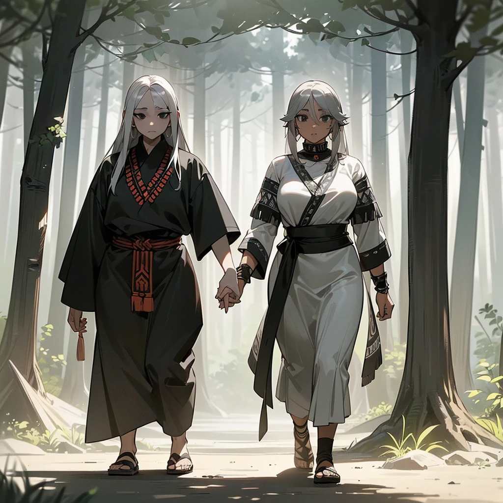 (((I want a woman with light skin, completely black eyes, long gray hair, wearing tribal clothes while walking alone through a forest)))
