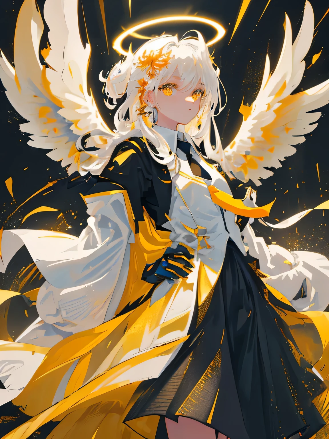 (Masterpiece of ultra-detailed art, best quality:1.3), One girl depicted solo, (White hair with messy and long strands), (Angel wings and halo gracing her head), Flat chest, Yellow eyes that sparkle, (White shirt underneath, black necktie, black coat worn open), Cowboy pose with one hand on her hip and the other arm resting behind her back, Dramatic cinematic lighting, (Glowing light particles accentuating her presence), Dynamic angle enhancing the depth and texture of the artwork.