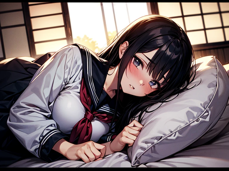 cinematic angle1girl, solo, pretty girl, 18 years old, black hair, long hair, faint lips, blush, (embarrassed), large breasts, (serafuku),(black serafuku),long sleeve, (Japanese-style room), tatami, Shoji, lying, on back, pillow,((futon)) , comforter, put the the blanket on, parted lips, (looking up:1.0), sunset, cinematic angle, upper body, best quality, detailed, high resolution
