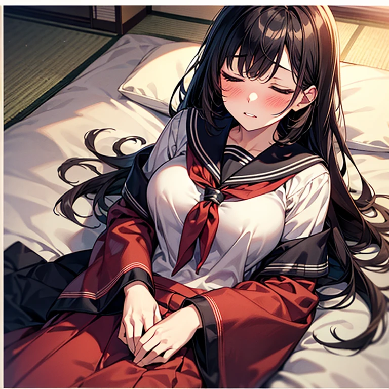 1girl, solo, pretty girl, 18 years old, black hair, long hair, faint lips, blush, (embarrassed), large breasts, (serafuku),(black serafuku),long sleeve, (Japanese-style room), tatami, Shoji, lying, on back, pillow,((futon)) , comforter, put the the blanket on, closed eyes, parted lips, (looking up:1.0), sunset, cinematic angle, best quality, detailed, high resolution