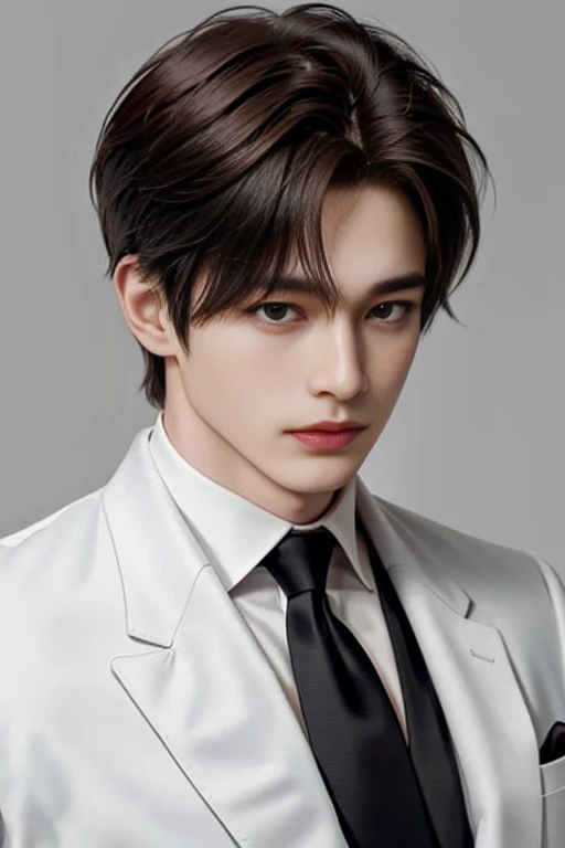 Man, Handsome, Korean bad boy, Ultra-detailed,超详细信息,Cinematic light, Solo,Stand,White Studio,Black and white filter,closeup cleavage,Front,Look at the audience from the front,Manhwa Style,Suit shirt tie,brunette color hair,disheveled bangs,Emoji hairstyle,model,Pose,From the side Side