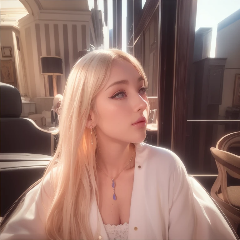 arafed femme assise sur une chaise avec un collier et des boucles d'oreilles, dans le style de l'illustration numérique, dans le style artistique de Bowater, art numérique d'une élégante, style artistique réaliste, peinture numérique de dessin animé, illustration numérique d'anime, lofi portrait, dans le style de la peinture numérique, art de peinture de dessin animé numérique, peinture numérique brillante, portrait d'illustration numérique, portrait de lofi à une fenêtre