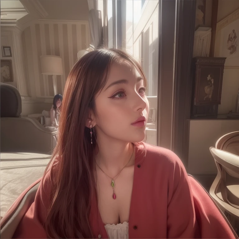 arafed femme assise sur une chaise avec un collier et des boucles d'oreilles, dans le style de l'illustration numérique, dans le style artistique de Bowater, art numérique d'une élégante, style artistique réaliste, peinture numérique de dessin animé, illustration numérique d'anime, lofi portrait, dans le style de la peinture numérique, art de peinture de dessin animé numérique, peinture numérique brillante, portrait d'illustration numérique, portrait de lofi à une fenêtre