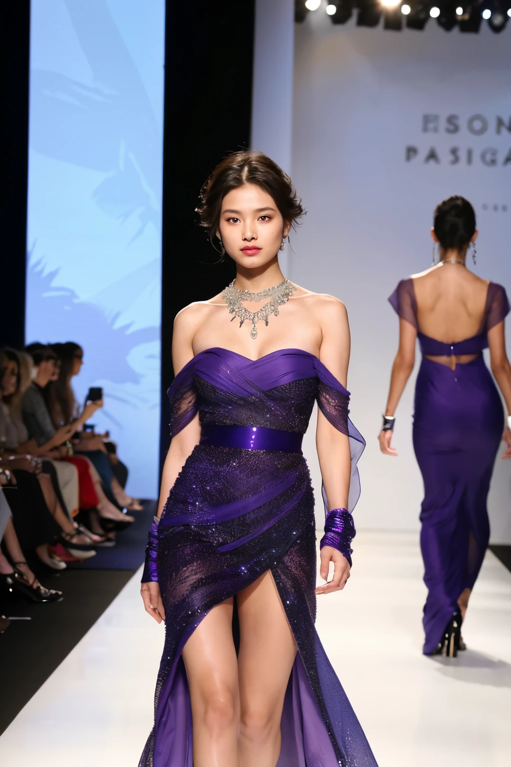 Mulher coreana extremamente bonita, rosto harmonioso, she is walking on a fashion catwalk, usando um vestido longo com renda purple, vestido da fashion week Paris elegante, ela tem longo cabelos lisos preto, wear elegant jewelry 