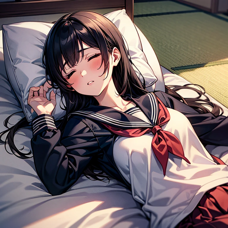 1girl, solo, pretty girl, 18 years old, black hair, long hair, faint lips, blush, (embarrassed), large breasts, (serafuku),(black serafuku),long sleeve, (Japanese-style room), tatami, Shoji, lying, on back, pillow,((futon)) , comforter, put the the blanket on, closed eyes, parted lips, (looking up:1.0), sunset, dutch angle, best quality, detailed, high resolution