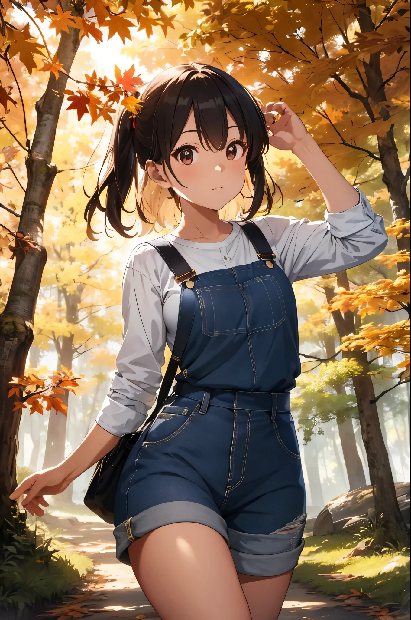 Anime girl in overalls walking in the woods with her hand on her head ...