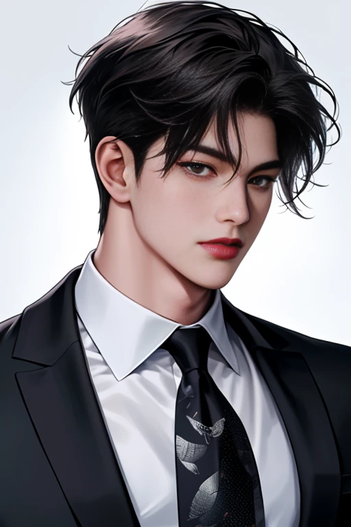 Anime comic style,One guy,Crisp black broken hair,On his left ear he wears a strange stud earring,Some people have slightly immature faces with young faces,He's handsome, very handsome,Very handsome,There is a pair of half-framed gold wire eyes in front of him,Dressed in the brand's black suit,It was spotlessly tidied up,Refined and elegant,A sinister smile