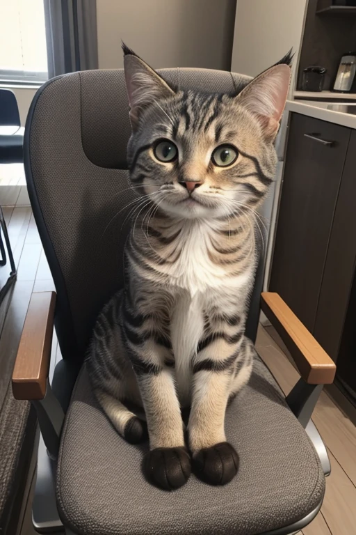 little cat, brown and grey, long air, sitting on chair.