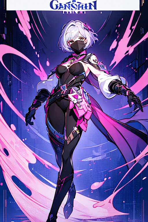 (Masterpiece: 1.5, better quality, high resolution: 1.3, super resolution, super detailed, ultra detailed: 1.3, Rico Fund: 1.2, 1 girl)) ((face is not shown)) Pale skin + White hair + short hair + There is no bangs on the face + female body + medium hips + large breasts + thick thighs (intricate short top, large gabardine, tight pants, legs in legs, high boots, mask that hides the face, hip tattoos and neck ) (background with pink element, rays pink, two star robots) (accessories and clothing colors: black, white, silver, purple)