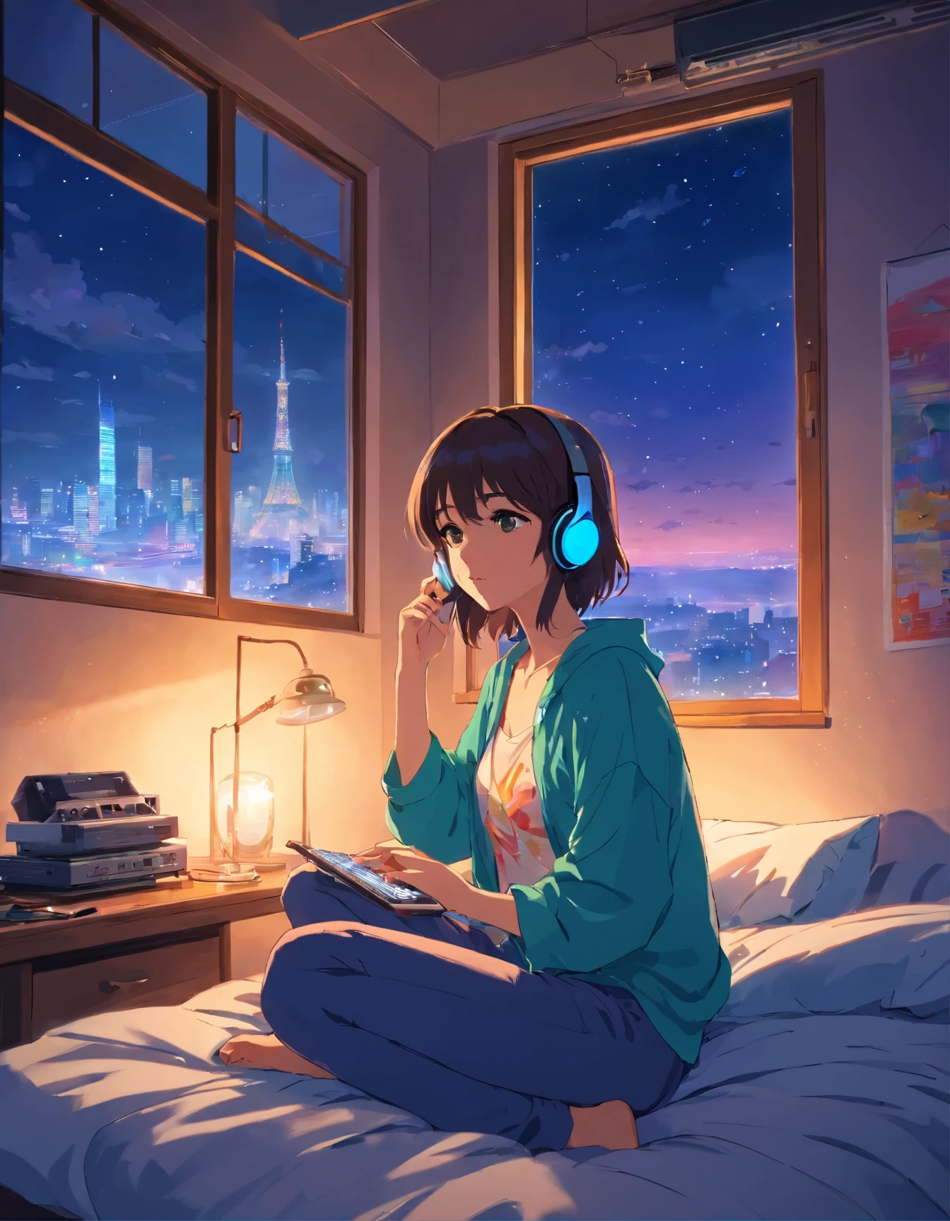 hippie europeia meditando em seu quarto ((a noite)), sonhando. ((Usando fones de ouvido,)) luzes noturnas , paisagem de neon em um dia de chuva, analog color theme,(( lo-fi girl)), retrospectiva, plano 2.5d , desenhar uma linda , large tilt ink drawing , pintura aquarela, goosch cores, estilo estudio gibi, amazing colorful, work of art bedroom view out of bedroom window