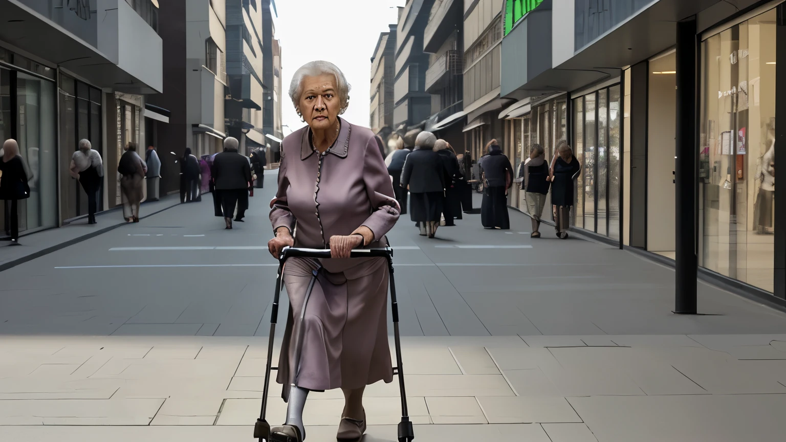 walkers. someone using a walker, elderly. High definition, realistic graphic, HD, elder lady using walker, walking in street. detailed face. Lady is holding onto the walker. create realistic image
