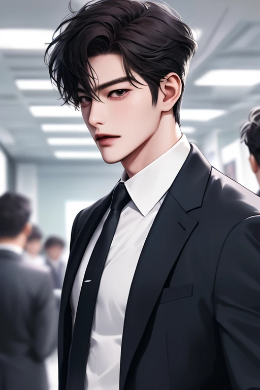 Man, handsome man, Korean Bad Boy, Super detail, Super detail information, Cinema lighting, single, standing, studio, front view audience, comic style, suit and tie, dark hair, messy bangs, emoji hair, model, pose, side view