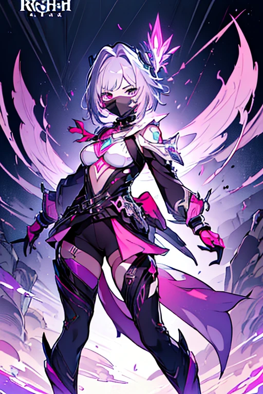 (Masterpiece: 1.5, better quality, high resolution: 1.3, super resolution, super detailed, ultra detailed: 1.3, Rico Fund: 1.2, 1 girl)) ((face is not shown)) Pale skin + White hair + short hair + There is no bangs on the face + female body + medium hips + large breasts + thick thighs (intricate short top, large gabardine, tight pants, legs in legs, high boots, mask that hides the face, hip tattoos and neck ) (background with pink element, rays pink, two star robots) (accessories and clothing colors: black, white, silver, purple)