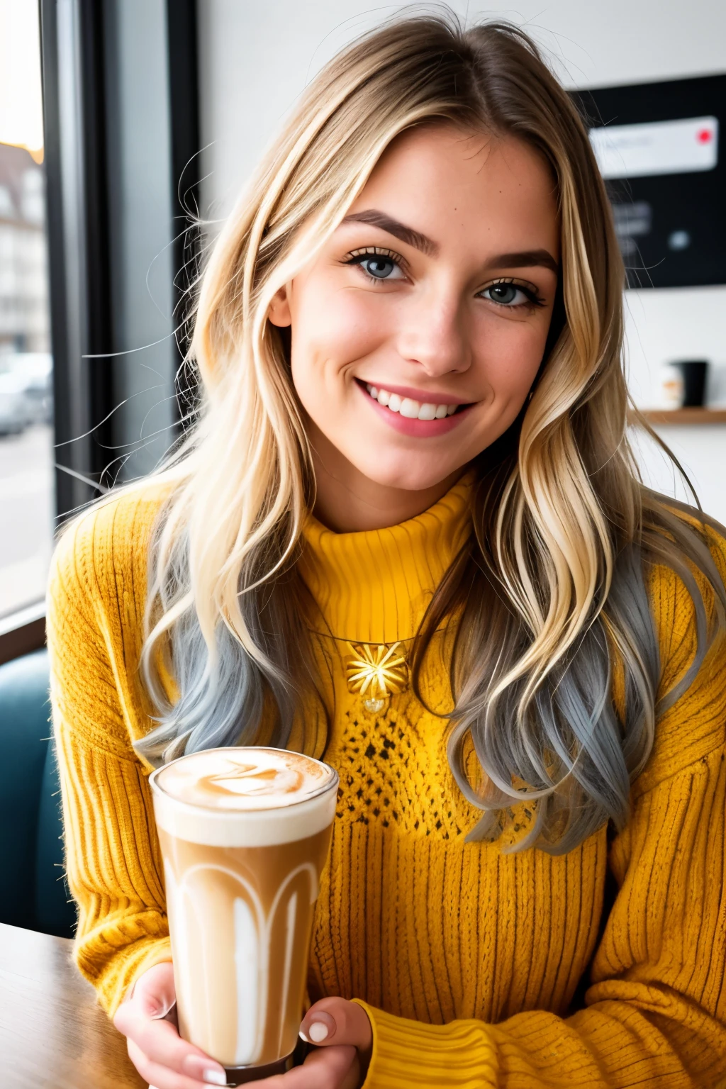 Beautiful blonde in yellow sweater (Enjoying a latte in a modern Instagrammable café at sunset), sehr detailliert, 14 Jahre alt, unschuldiges Gesicht, naturally wavy hair, blaue Augen, high-res, Meisterwerk, best qulaity, komplizierte Details, sehr detailliert, scharf Fokus, detaillierte Haut, realistische Hauttextur, Textur, detaillierte Augen, professionell, 4k, charming smile, aufgenommen mit Canon, 85 mm, light depth of field, Kodak Vision-Farbe, perfectly