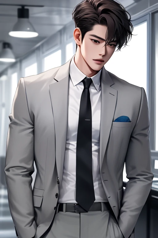 Man, handsome man, Korean Bad Boy, Super detail, Super detail information, Cinema lighting, single, standing, studio, front view audience, comic style, suit and tie, dark hair, messy bangs, emoji hair, model, pose, side view