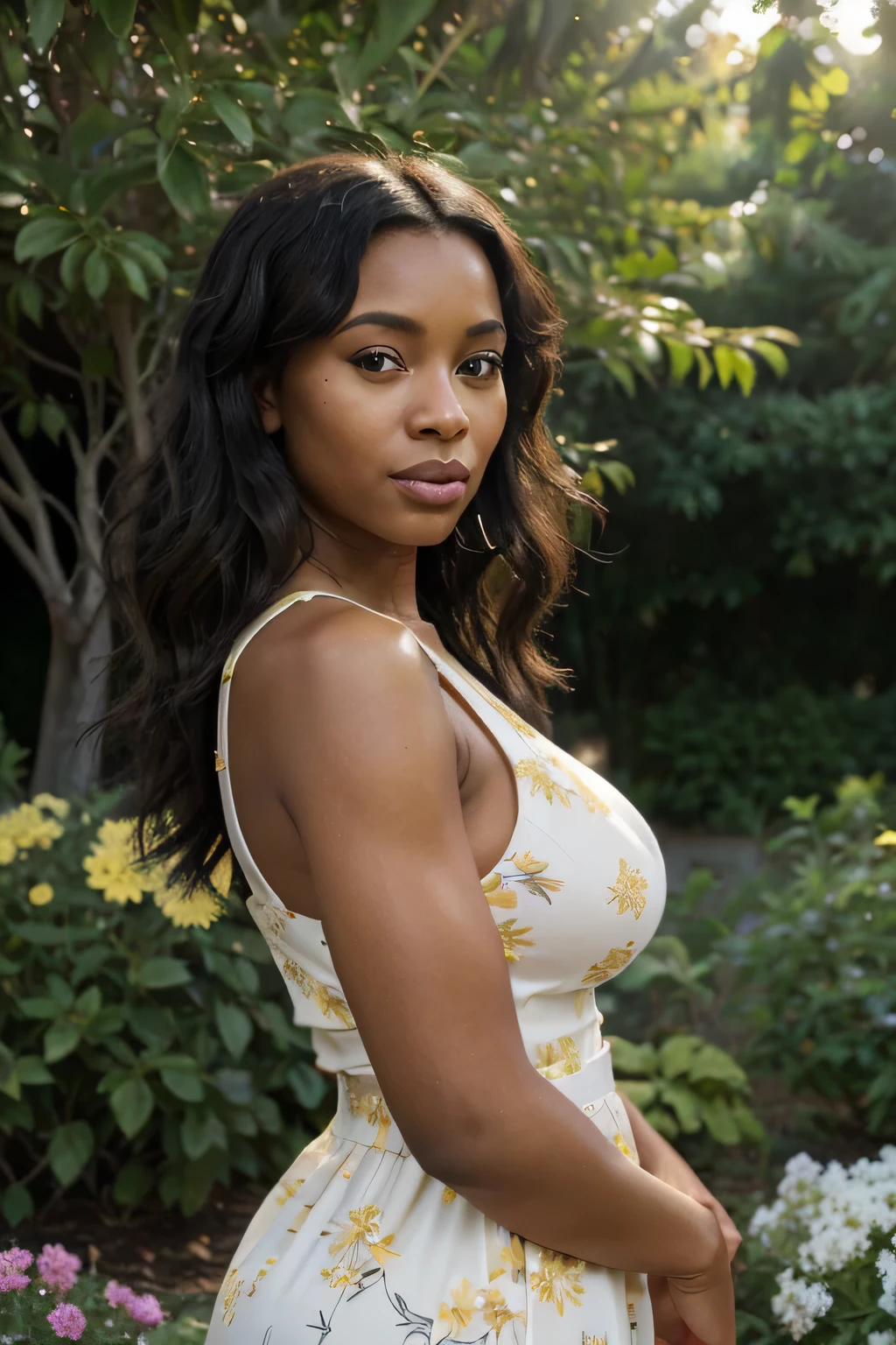 Erstellen Sie eine hyperrealistische, photorealistic photo of 30 year old black woman, Emphasizing her detailed and perfect facial features, hat lange, slightly curly black hair and striking gray-hazel eyes. kleine Nase, kurvig, Very big tits, Brustgröße (Cup size 90K). capturing the essence of her beauty and maturity, characteristic of a 30 year old black MILF. Der Stil sollte hochwertig sein, Kunstrealismus, Jedes Detail wird erfasst, um eine lebensechte und authentische Darstellung zu vermitteln.  In einem goldgelben Midikleid, Sie ist zur goldenen Stunde in einem botanischen Garten. Surrounded by blooming flowers and gentle sunlight, Sie strahlt eine warme und romantische Aura aus.