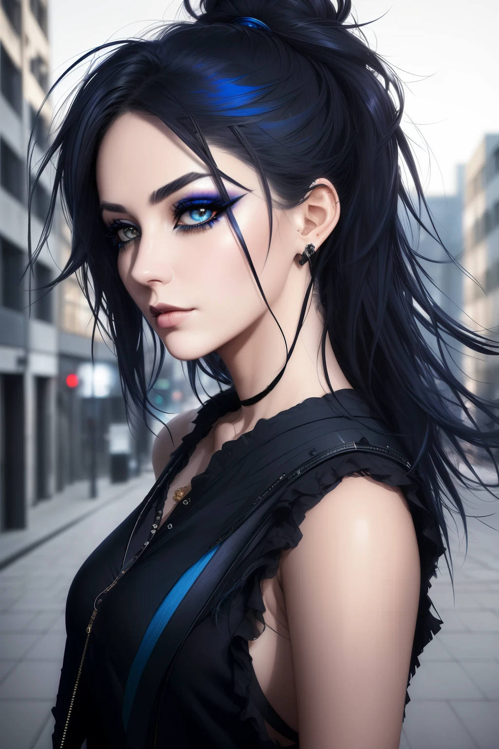 beautiful 35 years old woman, half body portrait, ful body blue disheveled hair, black eyeshadow, (street style wear:1.2), (city background:1.2), dark makeup, digital art, trending on artstation, highly detailed, fine detail, intricate, beautiful detailed glow, detailed, Cinematic light, highres, detailed facial features,sharp focus, smooth, aesthetic,