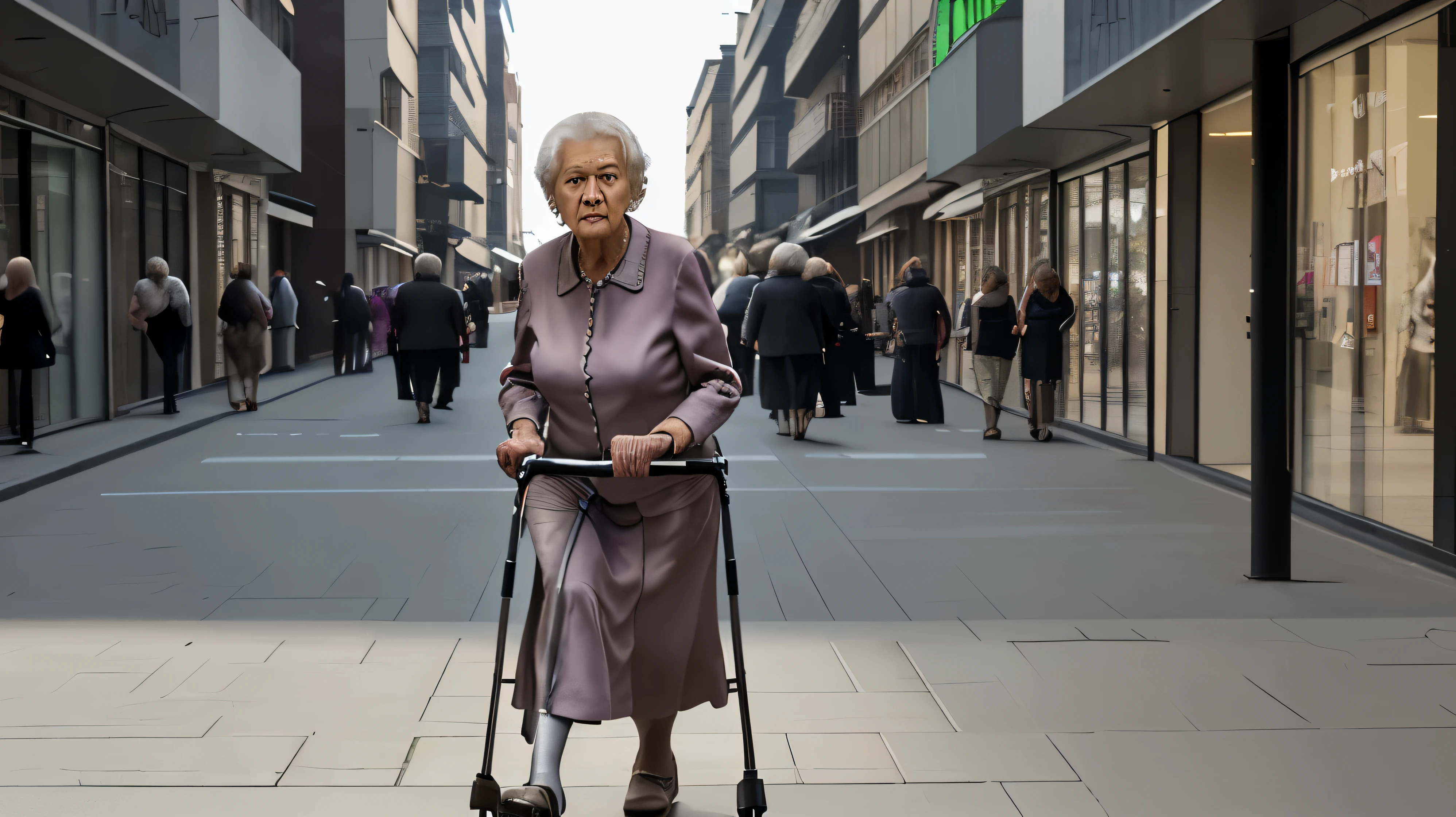 walkers. someone using a walker, elderly. High definition, realistic graphic, HD, elder lady using walker, walking in street. detailed face. Lady is holding onto the walker. create realistic image