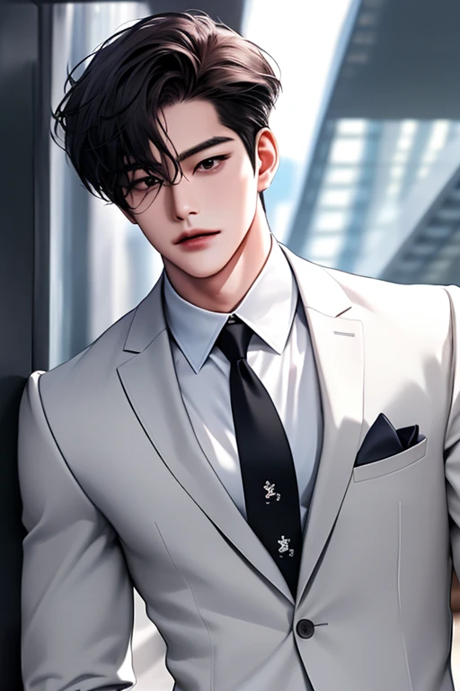 Man, handsome man, Korean Bad Boy, Super detail, Super detail information, Cinema lighting, single, standing, studio, front view audience, comic style, suit and tie, dark hair, messy bangs, emoji hair, model, pose, side view