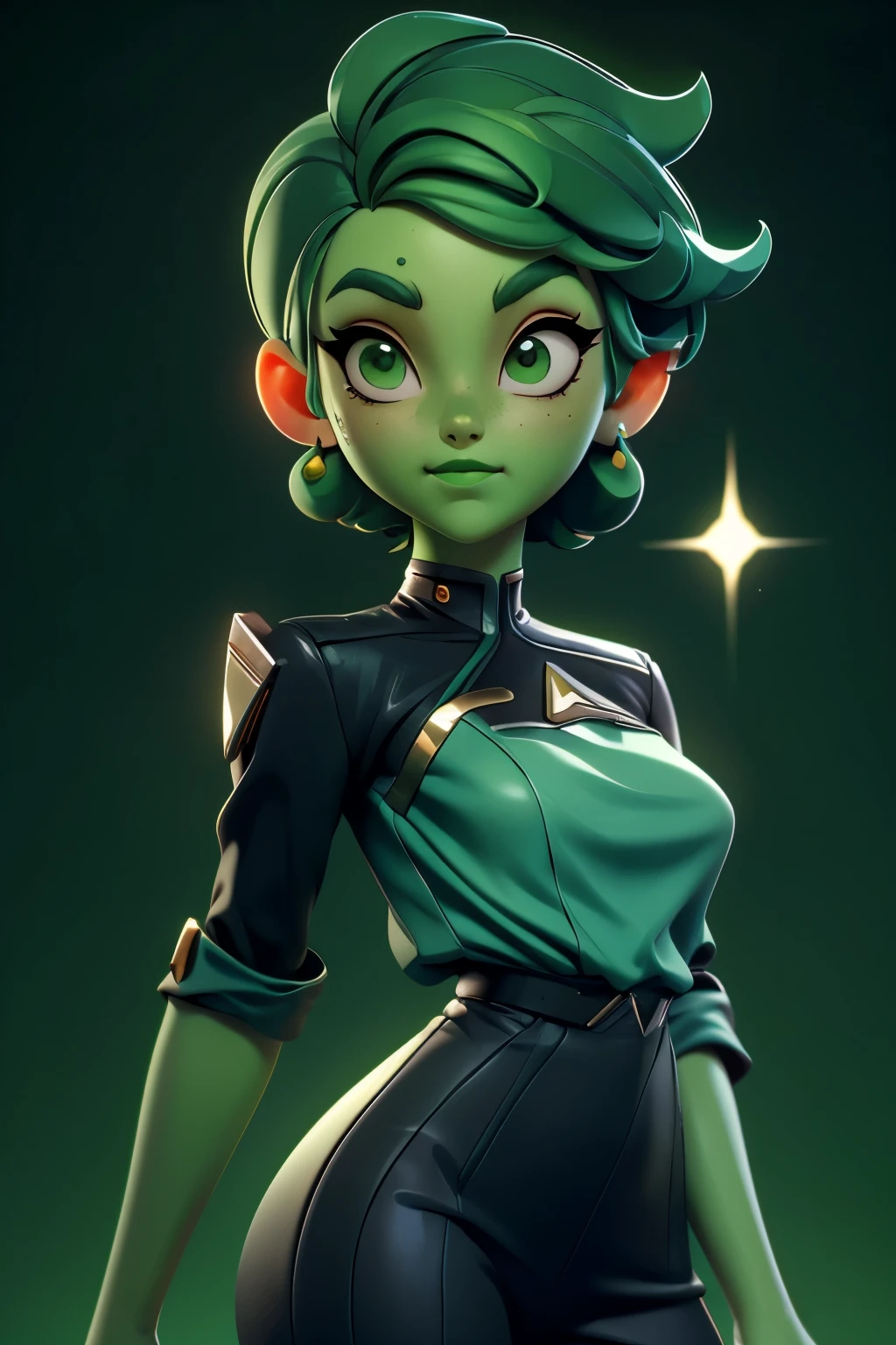 gorgeous D'vana, Star Treck Lower Decks, green skin, very short green hair